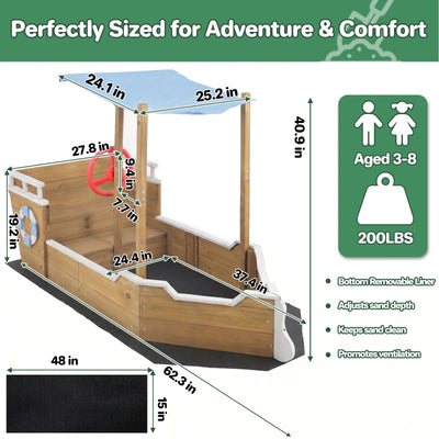 UV-Resistant Ship Sandbox with Built-in Seats & Storage, Liner, for Kids 2-8-GF02