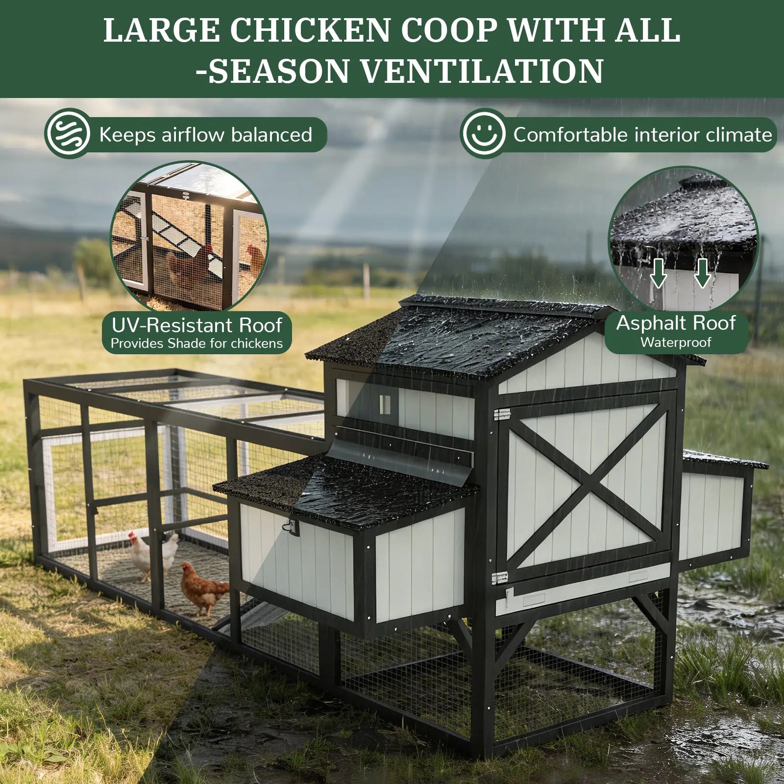 Large chicken coop with run for 4–12 chickens, includes 4 nesting boxes - PET27