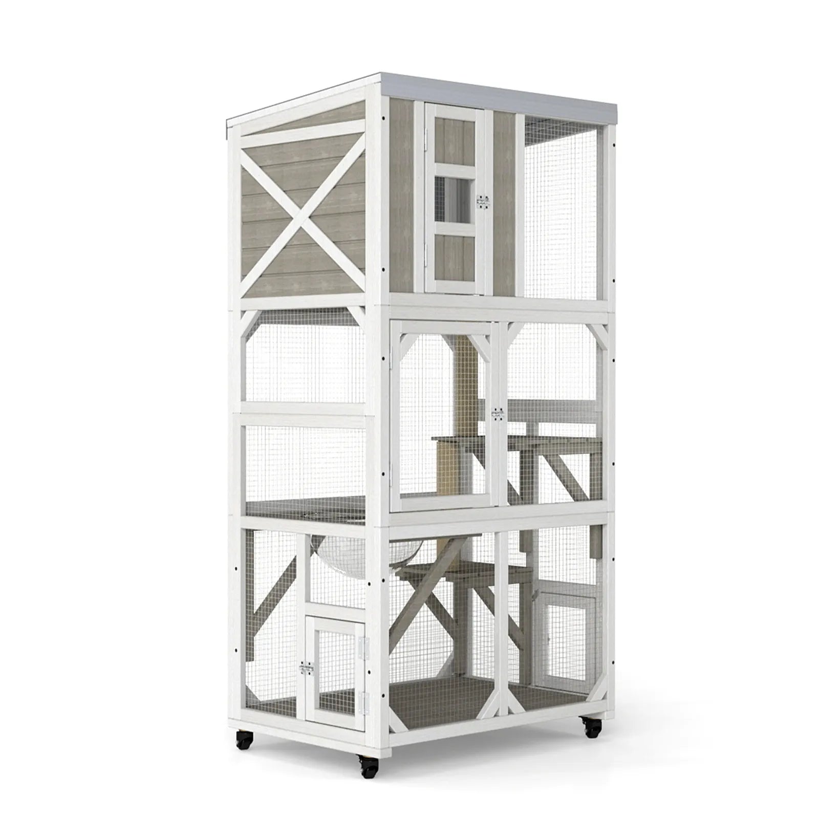 63.5" Wooden Outdoor Catio on Wheels with Waterproof Roof, 2 Sisal Scratching Posts-PET77