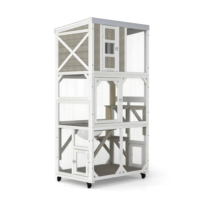63.5" Wooden Outdoor Catio on Wheels with Waterproof Roof, 2 Sisal Scratching Posts-PET77