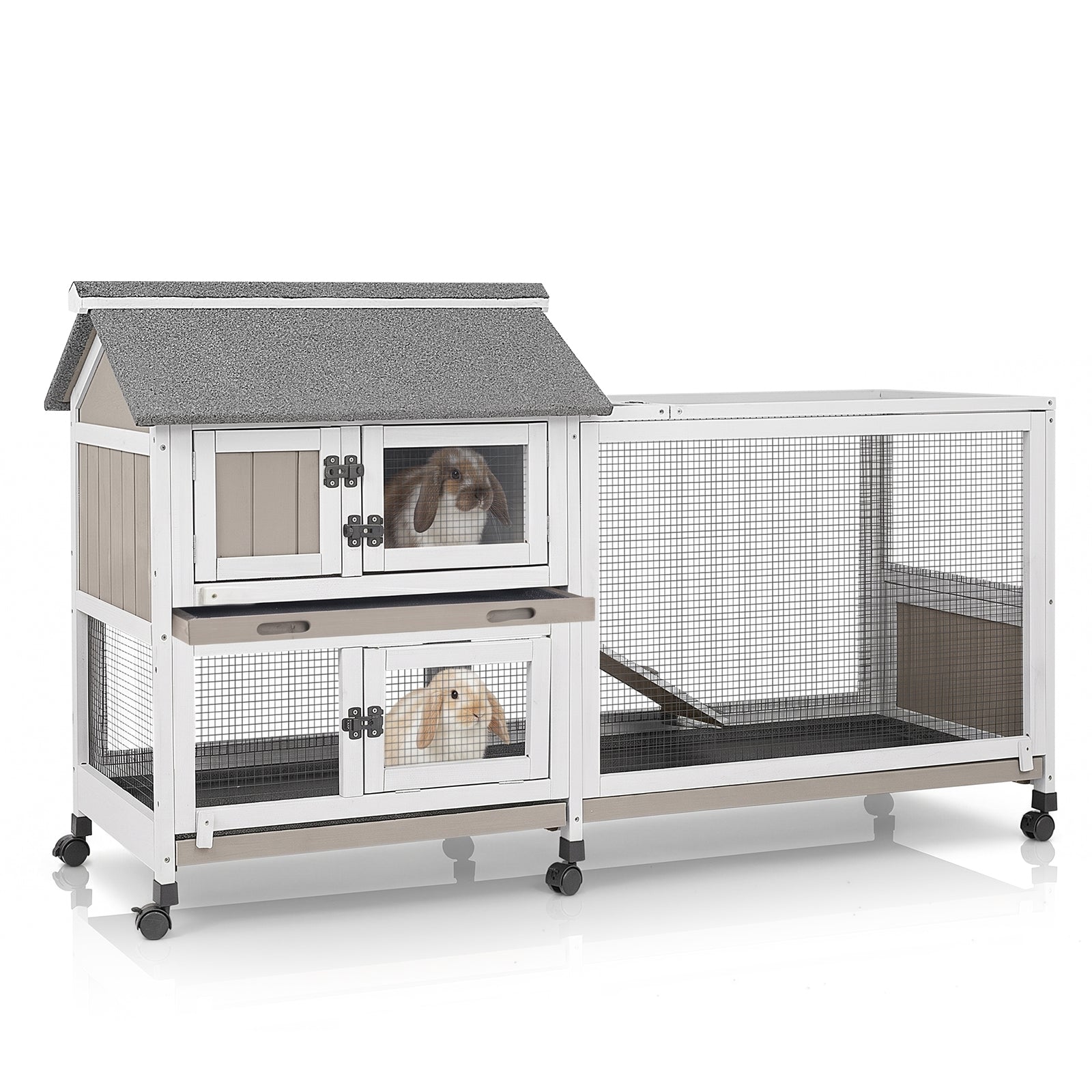 PETSCOSSET Rabbit Hutch (59"L) - 2-Story, 6 Wheels & 3 Trays - PET80