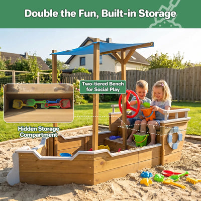 UV-Resistant Ship Sandbox with Built-in Seats & Storage, Liner, for Kids 2-8-GF02