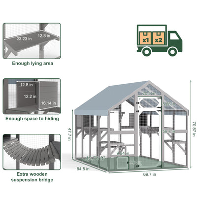 Extra Large Walk-In Catio - Outdoor Enclosure with Bridge & 2 Resting Boxes - PET12NEW