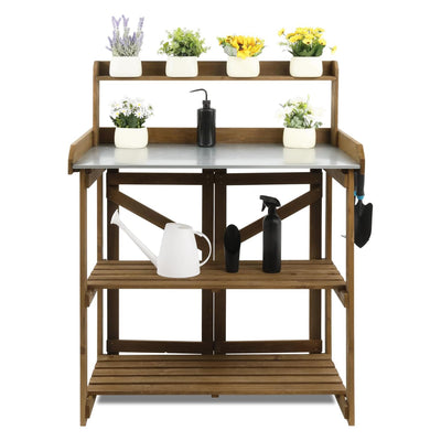 PETSCOSSET Outdoor Wooden Folding Potting Bench Table, Fir Wood Garden Workstation with Galvanized Tabletop, 2 Tier Storage Shelves
