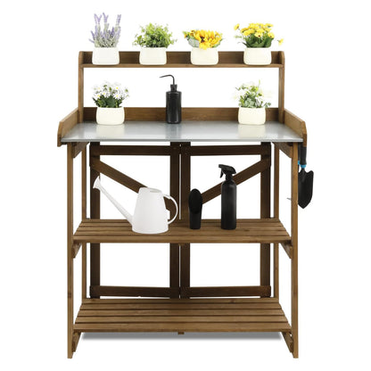 PETSCOSSET Outdoor Folding Potting Bench Table, Fir Wood Workstation with Galvanized Tabletop,2 Tier Storage Shelves, Brown