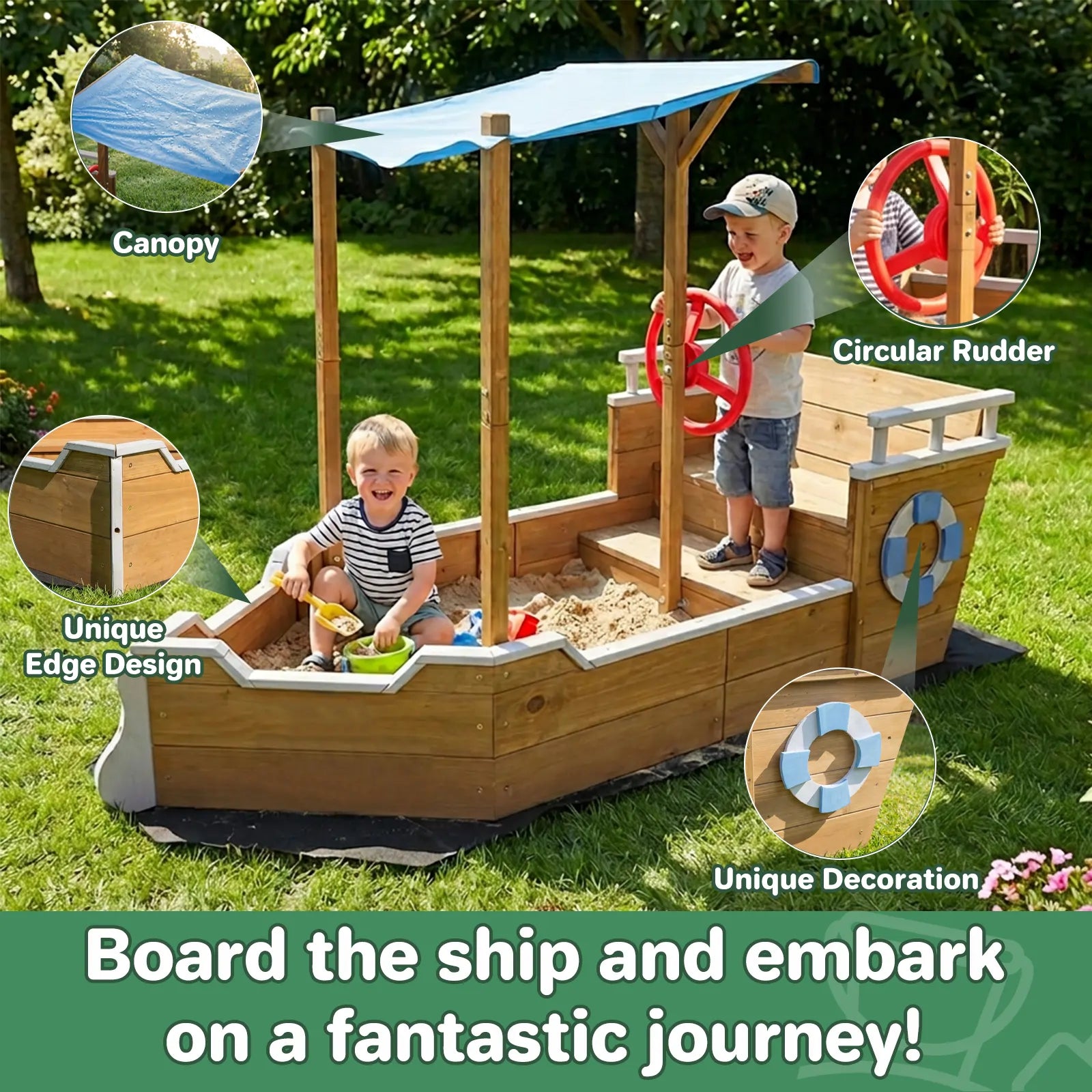 UV-Resistant Ship Sandbox with Built-in Seats & Storage, Liner, for Kids 2-8-GF02