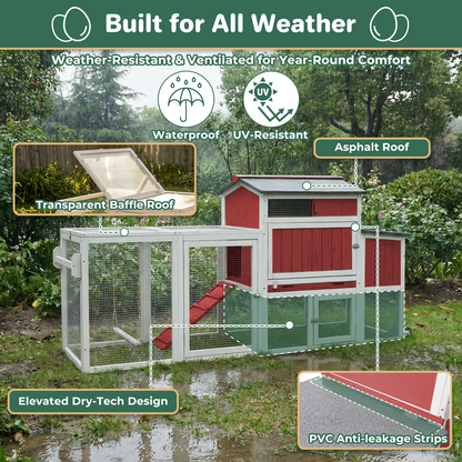 Weatherproof Hen House Chicken Coop on Wheels with Run-PET82-REDWHITE