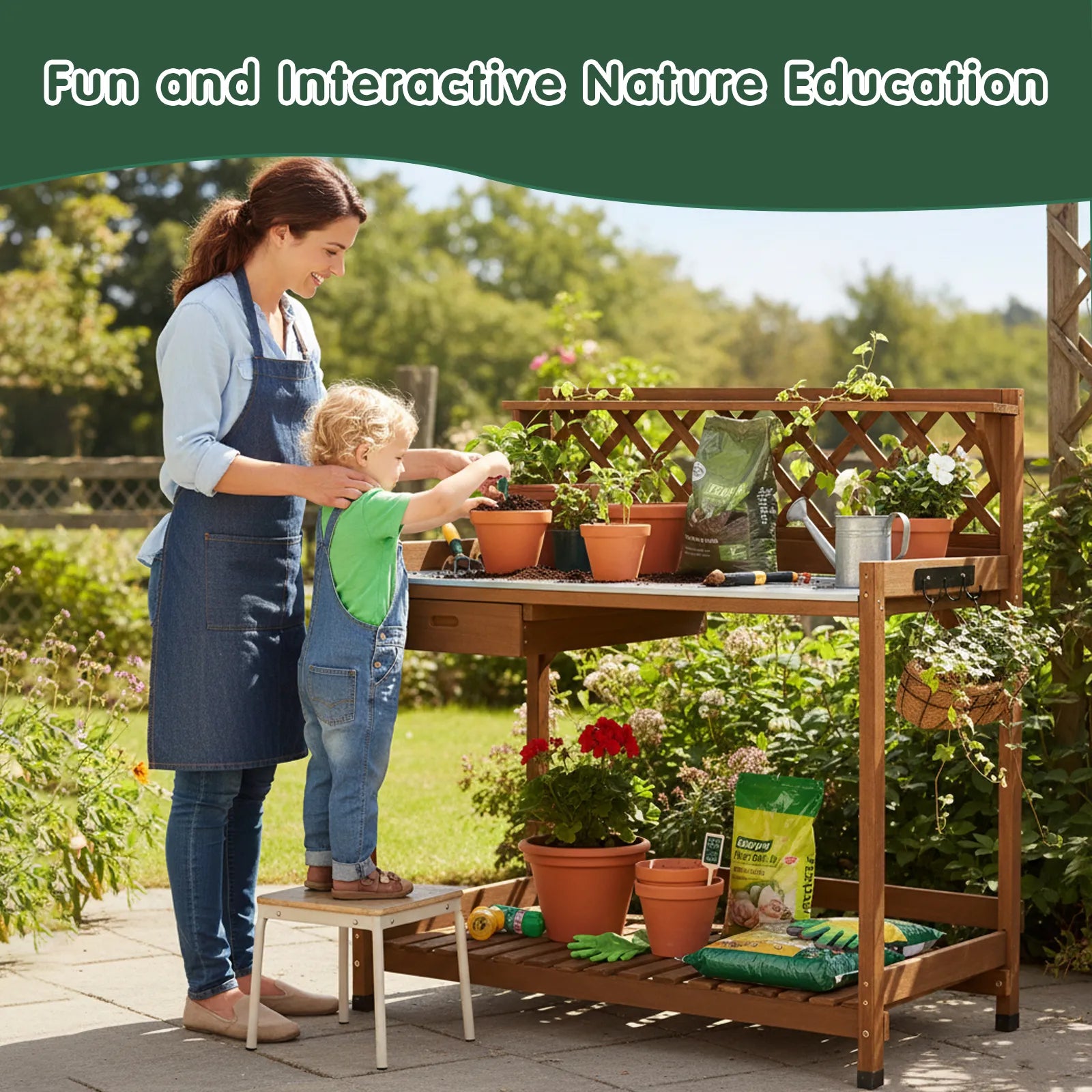 Wooden Potting Benches & Tables, W/Metal Table Top, Drawer, Bottom Shelf-GF11