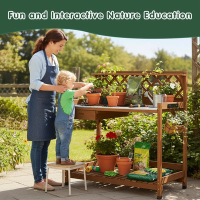 Wooden Potting Benches & Tables, W/Metal Table Top, Drawer, Bottom Shelf-GF11