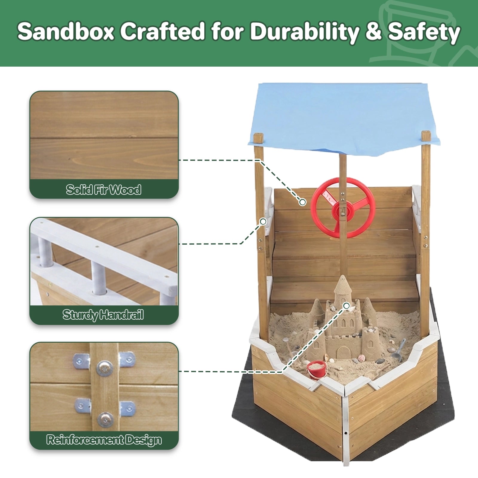 UV-Resistant Ship Sandbox with Built-in Seats & Storage, Liner, for Kids 2-8-GF02