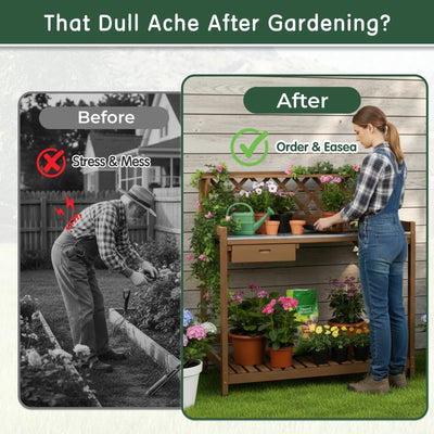 Wooden Potting Benches & Tables, W/Metal Table Top, Drawer, Bottom Shelf-GF11