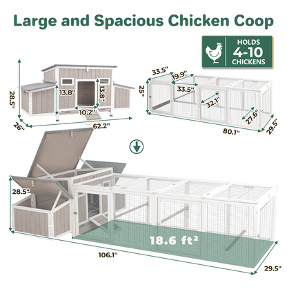 106" Chicken Coop with Run for 2-6 Chickens, 4 Nesting Boxes & Swing-PET8488