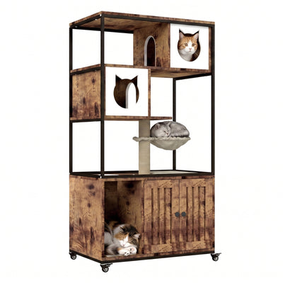 PETSCOSSET Cat Litter Box Enclosure Wooden Cat Washroom Furniture on Wheels with Multiple Platforms,Brown