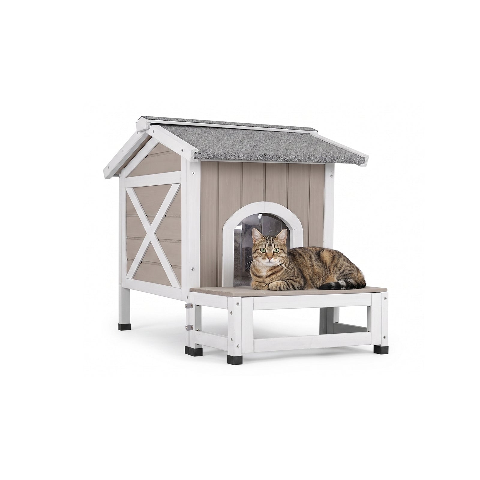 Outdoor Cat House with Balcony, Openable Roof & Escape Door - Weatherproof Wooden Shelter-PET70
