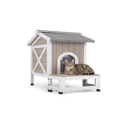 Outdoor Cat House with Balcony, Openable Roof & Escape Door - Weatherproof Wooden Shelter-PET70