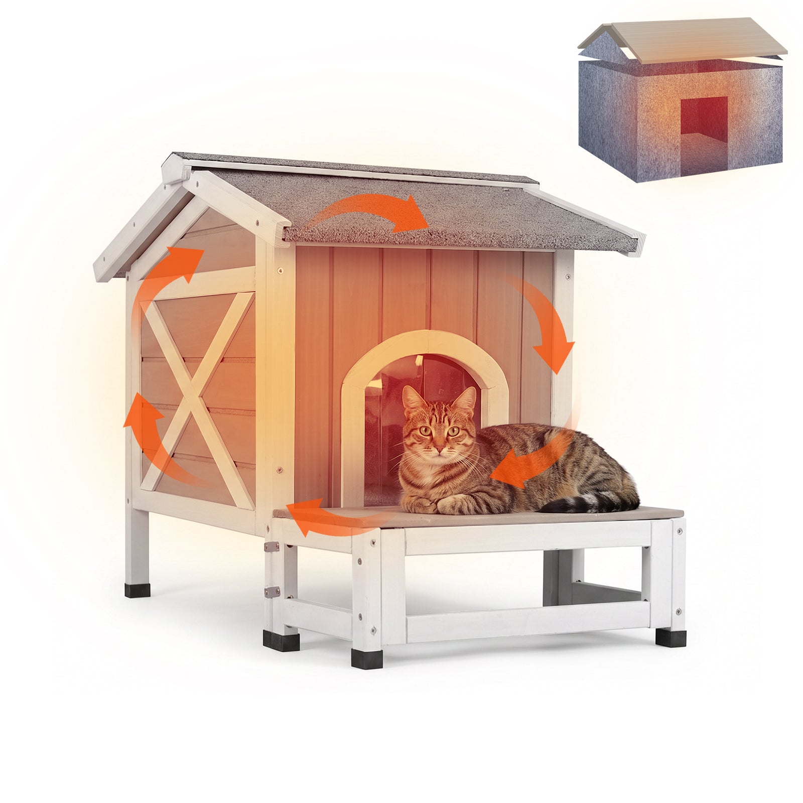 Outdoor Insulated Cat House,Weatherproof Winter Shelter with Balcony, Escape Door-PET70-TI