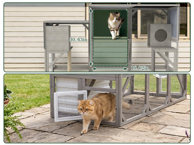 Large Walk-in Wooden Catio with Storage Cabinet, 7 Platforms, Resting Boxes, Scratching Posts – PET96