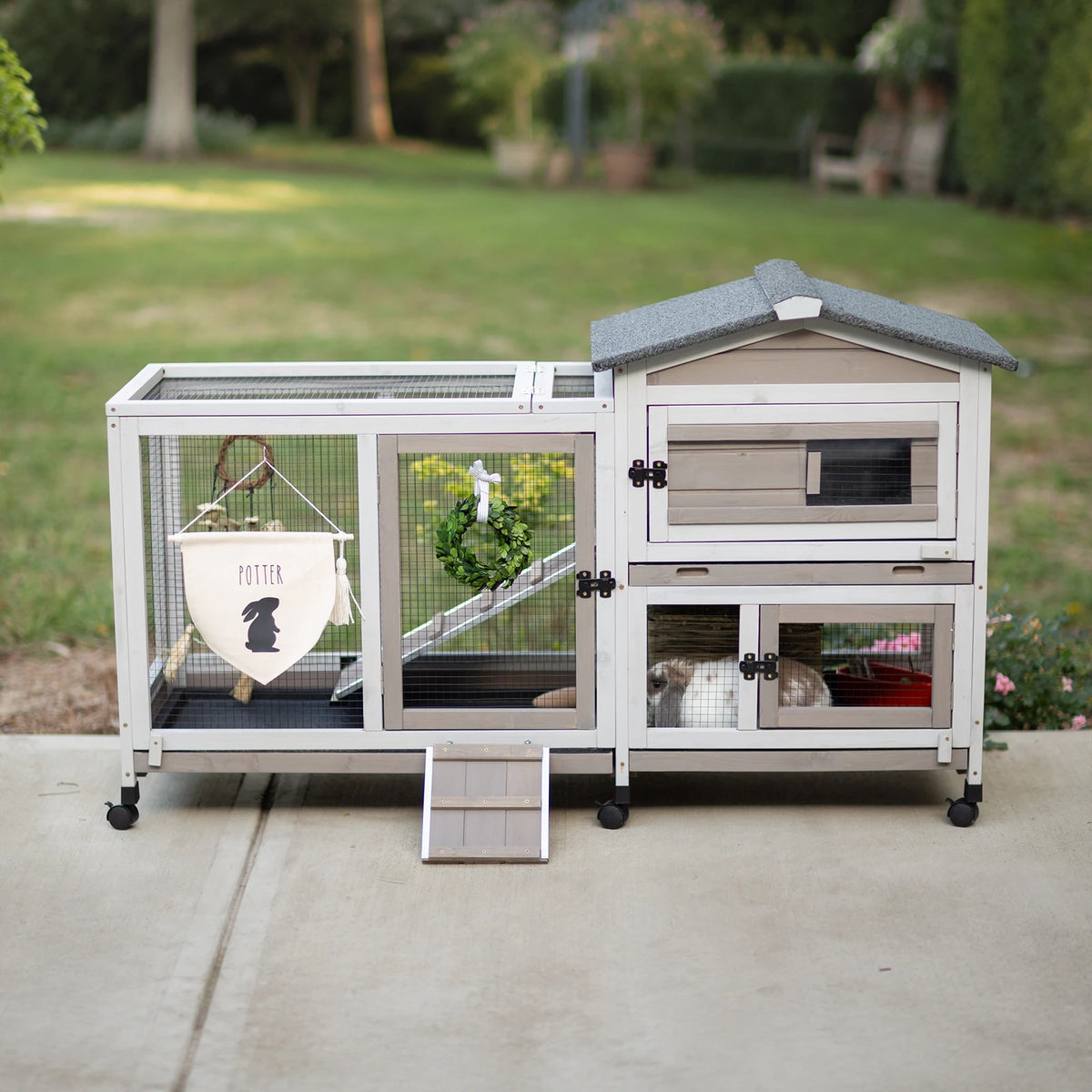 PETSCOSSET Rabbit Hutch (55.3"L) - 2-Story, Wheels & 3 Trays - RAB14