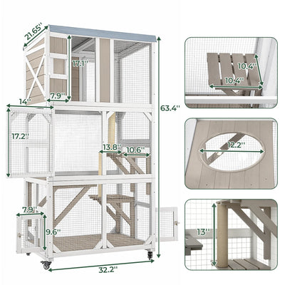 63.5"Mobile  Catio Enclosure on Wheels with Scratching Posts & Window Access-PET77