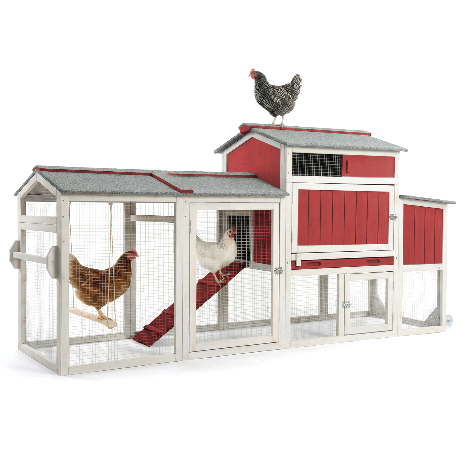 Large Weatherproof Mobile Chicken Coop with Run, Wheels & Swing-PET83-REDWHITE
