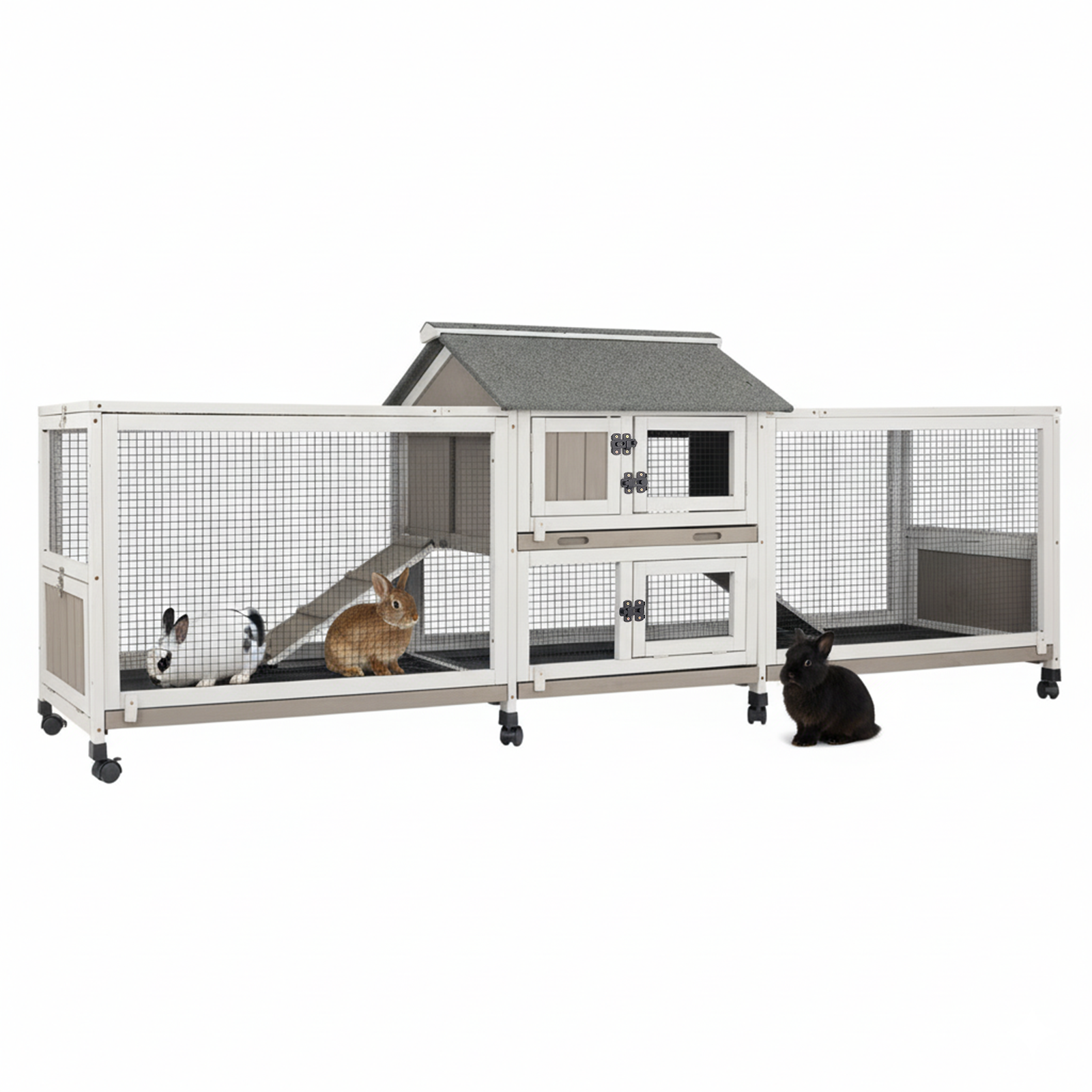 Large Outdoor Wooden Rabbit Hutch with Double Runs & Wheels-PET81