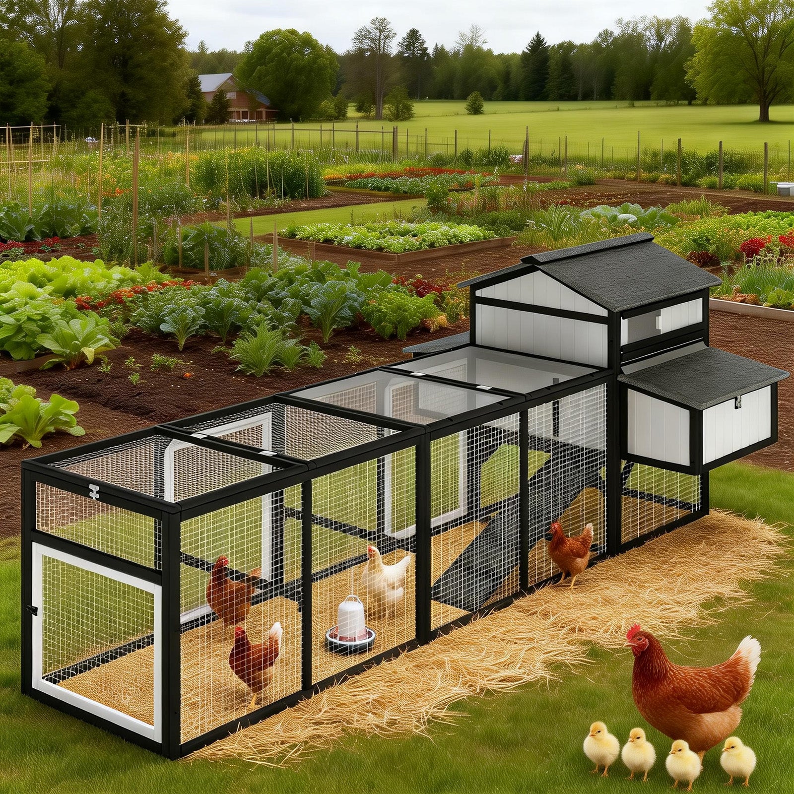 Large chicken coop with run for 4–12 chickens, includes 4 nesting boxes - PET27