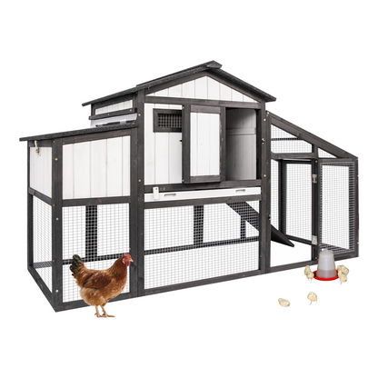 65″L Wooden Hen House with Nesting Box, Run,UV Panel-PET06-BLACKWHITE
