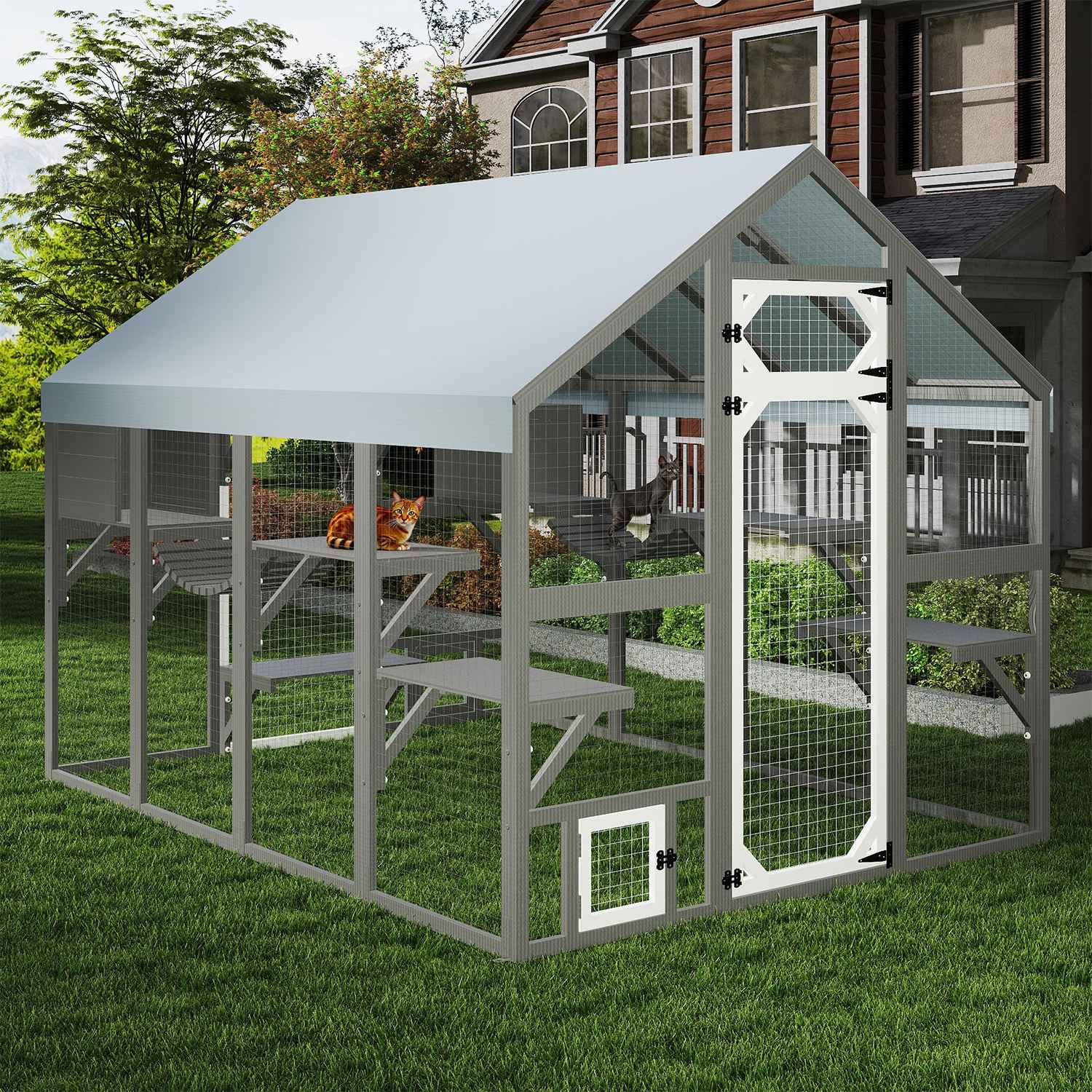 PETSCOSSET Extra Large Outdoor Catio, Weatherproof Walk-In Cat Enclosure with Bridges, Full Cover, 8 Platforms & 2 Resting Boxes
