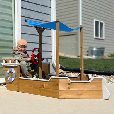 UV-Resistant Ship Sandbox with Built-in Seats & Storage, Liner, for Kids 2-8-GF02