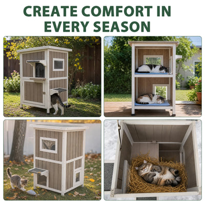 2-Story Weatherproof Wooden Cat House Spacious Outdoor Shelter - PET20
