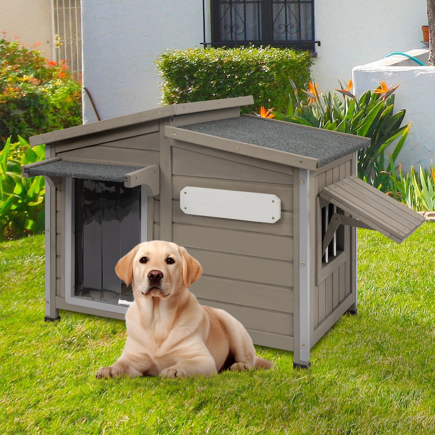 PETSCOSSET PET68 grey outdoor dog house with anti-chewing iron frame