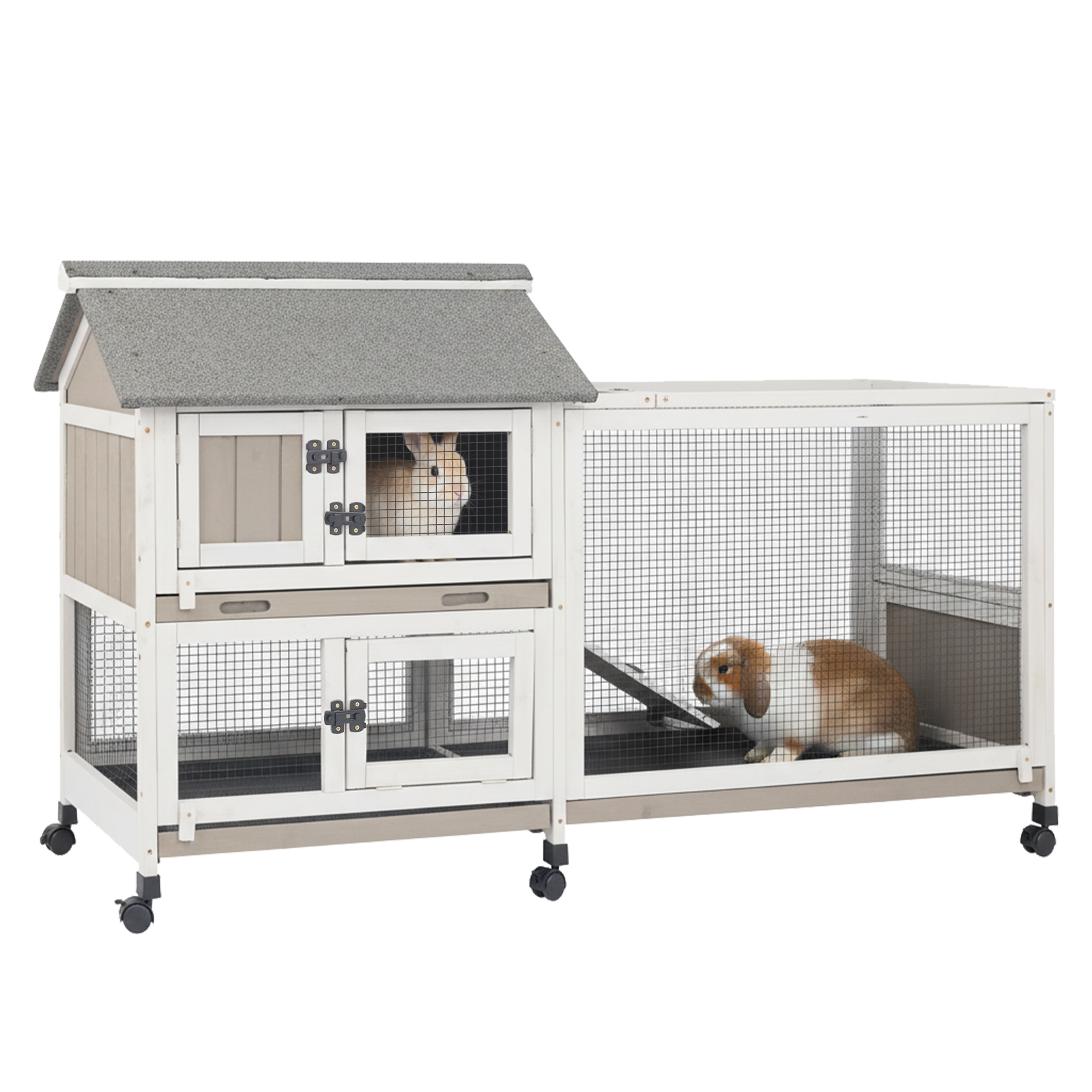 59" 2-Story Rabbit Hutch with Asphalt Roof & Trays- PET80