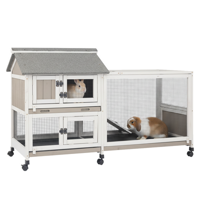 PETSCOSSET Rabbit Hutch Outdoor Indoor Bunny Hutch with Run 2-Story Large Rabbit Cage on 6 Wheels, 3 Leak Proof Trays, Ramp, Waterproof Roof for Small to Medium Animals, Expandable Design