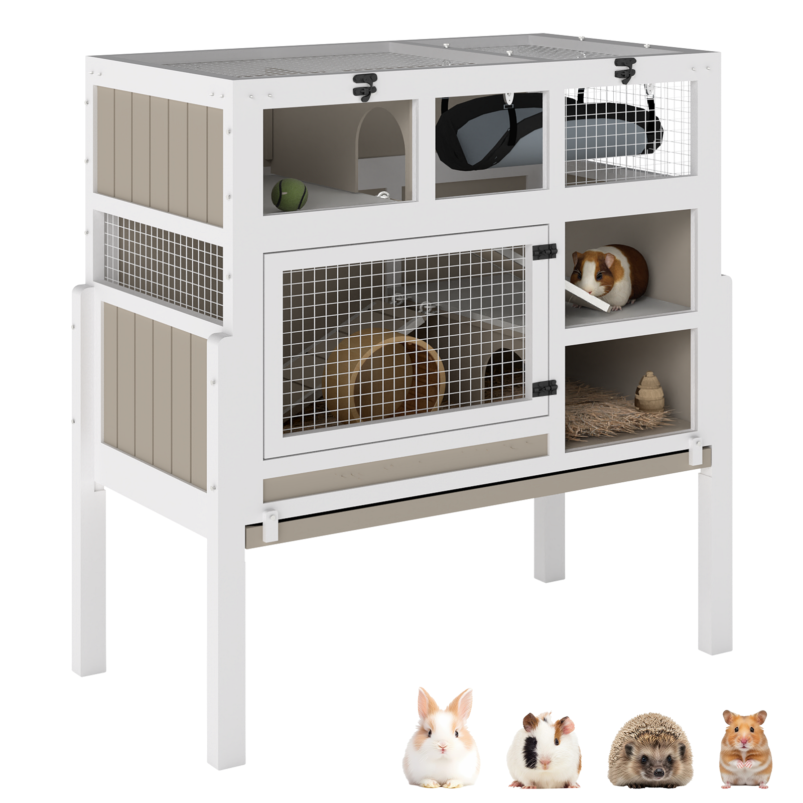 3-Story Wooden Guinea Pig Cage Rabbit Hutch with Stand & Hammock-PET38NEW