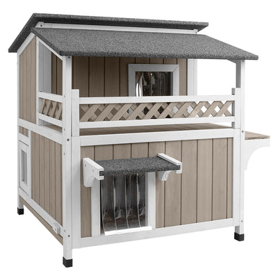 PETSCOSSET 2-Story Outdoor Cat Shelter with Balcony, Escape Doors, Weatherproof Design