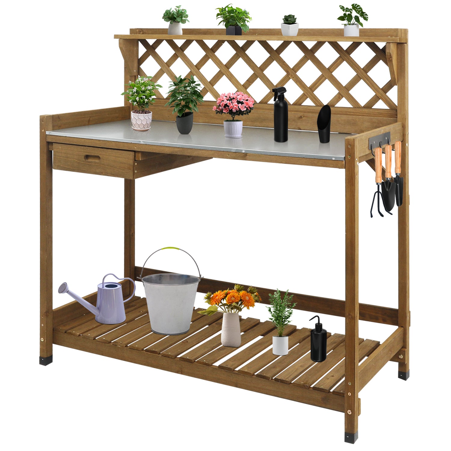 PETSCOSSET GF11 wooden garden potting bench with metal tabletop