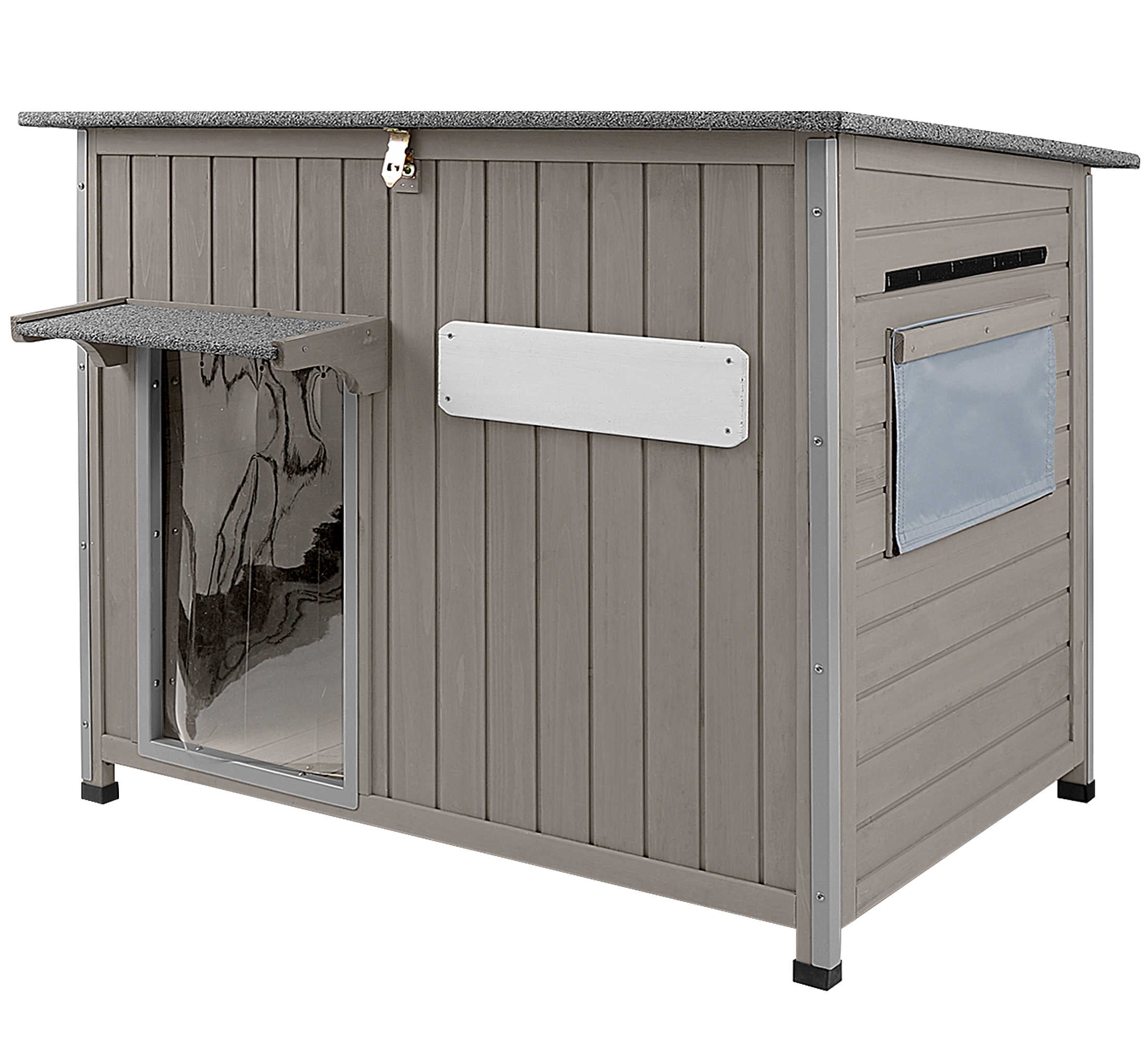 PETSCOSSET 43.3" Large Outdoor Dog House, Weatherproof Wooden Kennel for Dogs Up to 180lbs, Anti-Chew Frame, Window & Raised Base
