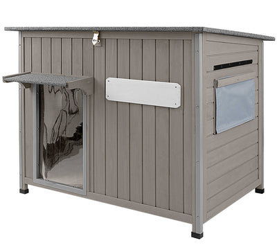 PETSCOSSET Large Dog House, Wooden Dog Kennel with Asphalt Roof for Medium Dog, Gray