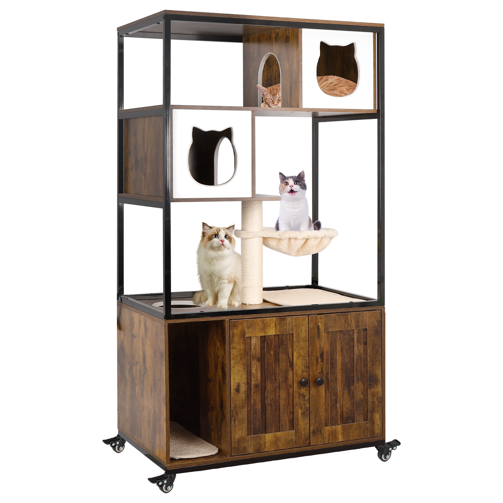 Cat Litter Box Enclosure Wooden Cat Washroom Furniture on Wheels Multiple Platforms Brown
