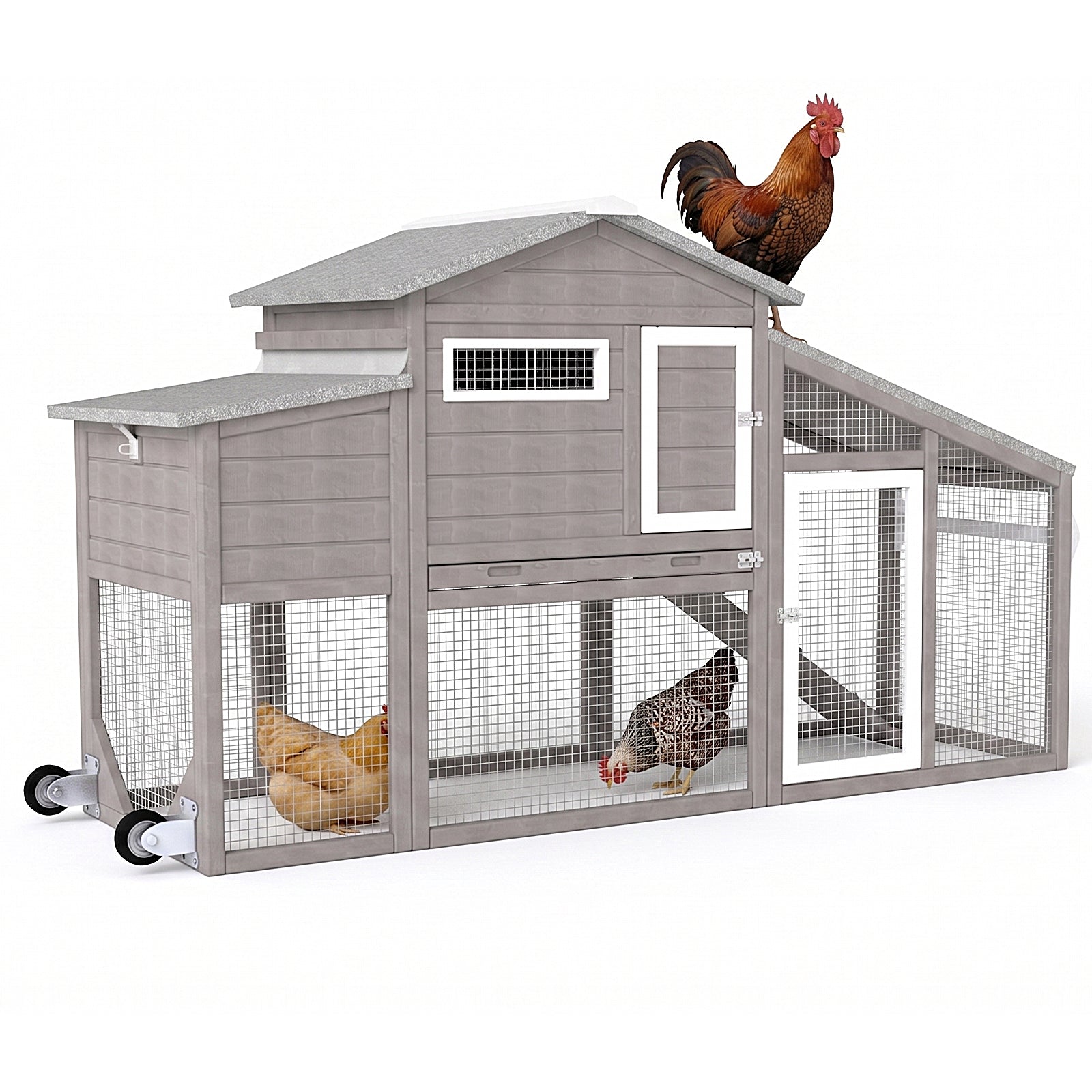 Small Chicken Coop with Run for 2–3 Chickens with Wheels – 01-Gray