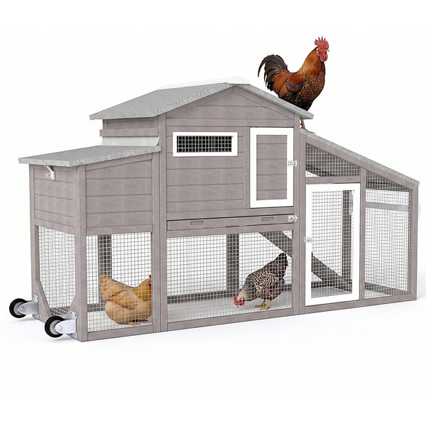 Small Chicken Coop with Run for 2–3 Chickens with Wheels – 01-Gray