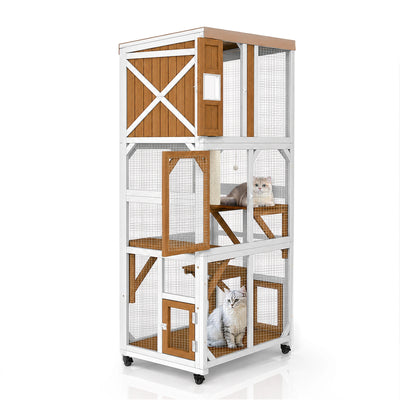 62.6" Rolling Wooden Outdoor Catio with Waterproof Roof & Window Access-PET98
