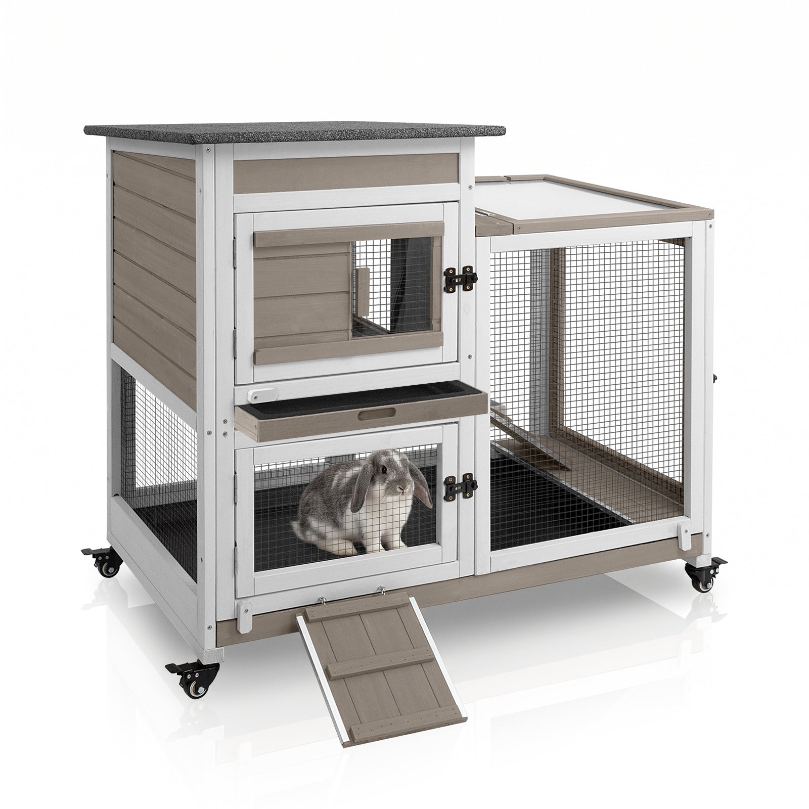 Wooden 2-Story Rabbit Hutch with Wheels & Run-PET32