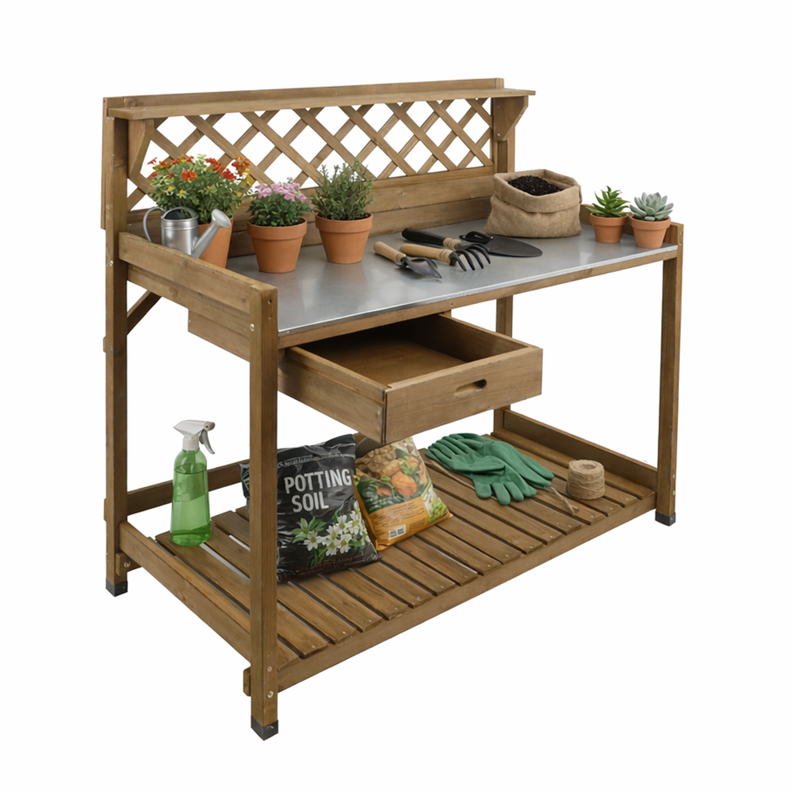 Wooden Potting Benches & Tables, W/Metal Table Top, Drawer, Bottom Shelf-GF11