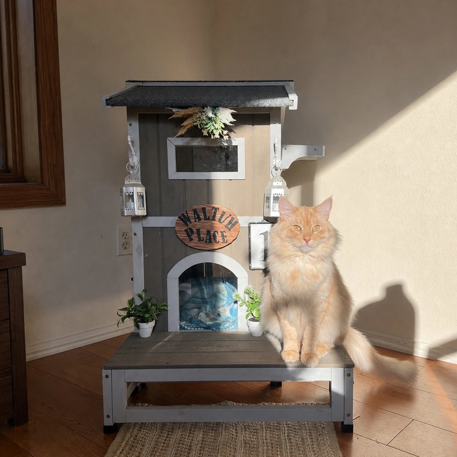 2-Story Insulated Wooden Cat House with Balcony & Escape Door- PET71-TI