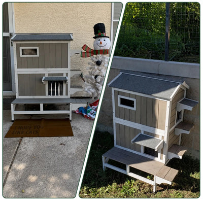 2-Story Insulated Wooden Cat House with Balcony & Open Roof - PET73-TI