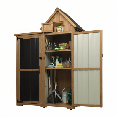 Outdoor Storage Cabinet, Wood & Metal Garden Shed with Lockable Doors-GF41