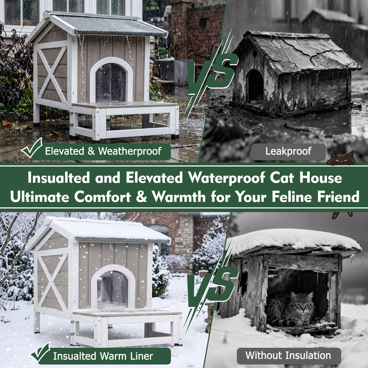 Outdoor Cat House with Balcony, Openable Roof & Escape Door - Weatherproof Wooden Shelter-PET70
