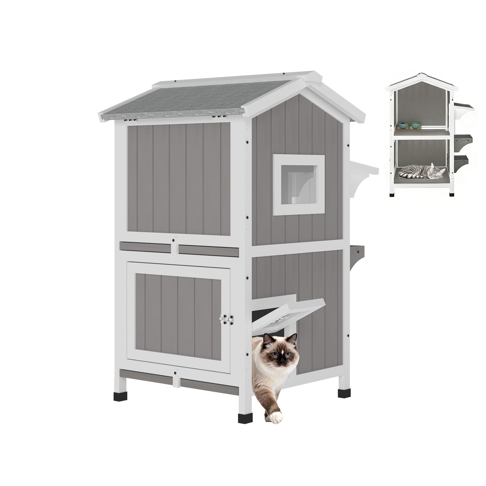 Two-Story Wooden Feral Cat Shelter with Asphalt Roof-04-GREYWHITE