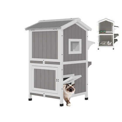 Two-Story Wooden Feral Cat Shelter with Asphalt Roof-04-GREYWHITE